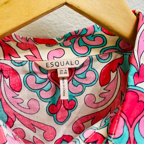 Esqualo Gathered Sleeve Print Blouse Women’s Size 6 Button Front Puff Sleeves - Picture 6 of 8